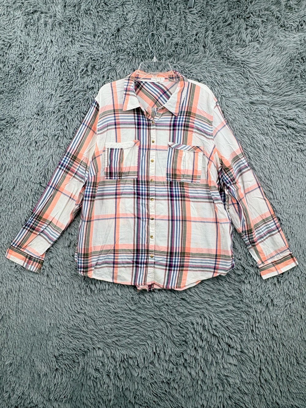 Maurices Button Down Shirt Womens 2 2X Plaid Peach White Long Sleeve Casual